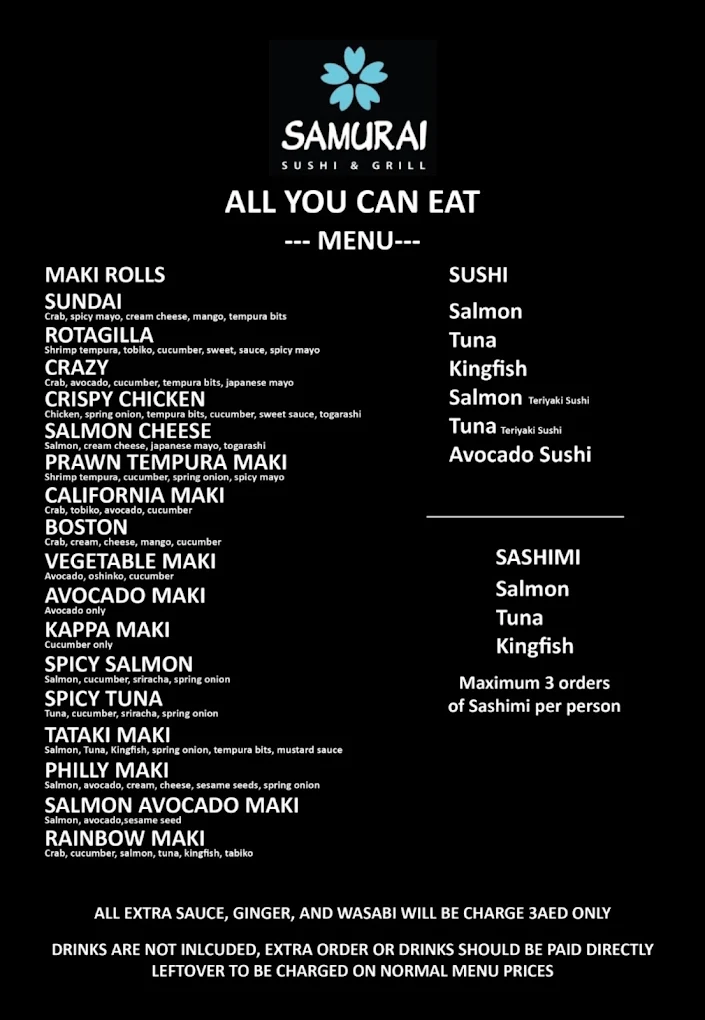 Photograph of the Samurai Sushi & Grill All You Can Eat menu board